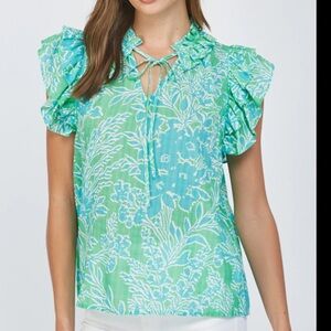 Floral Ruffle Sleeve Top - Green and Blue